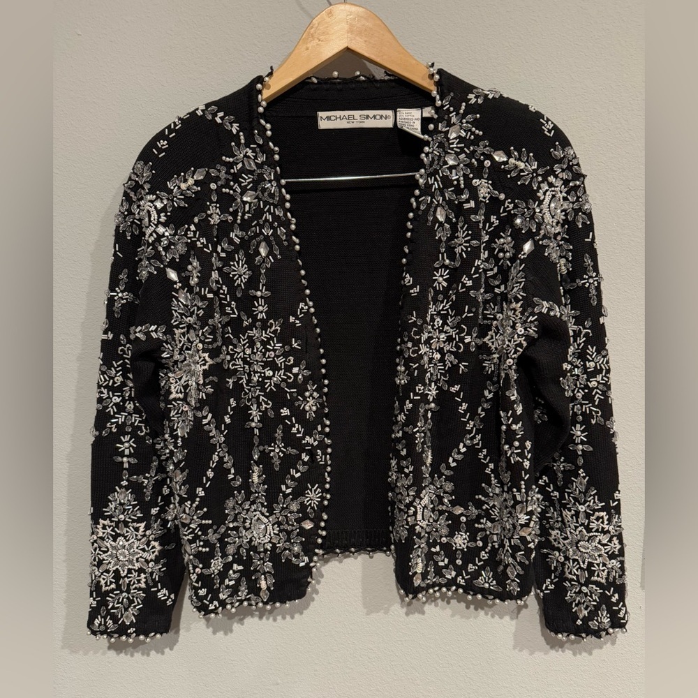 Michael Simon‎ Black Glitz and Glam Beaded Sweater Cardigan Size 1